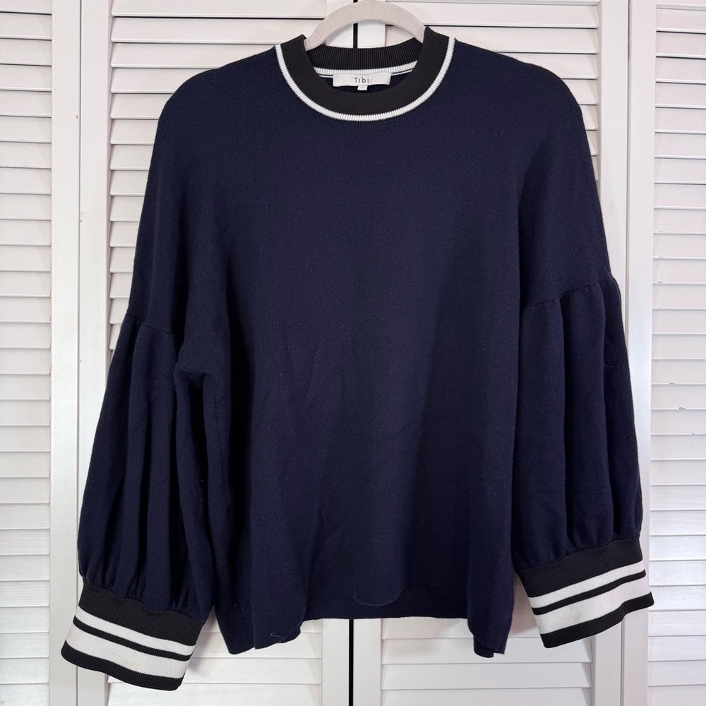 Tibi Merino Wool Puff Sleeve Pullover Sweater Navy Preppy Size Large - Picture 2 of 8